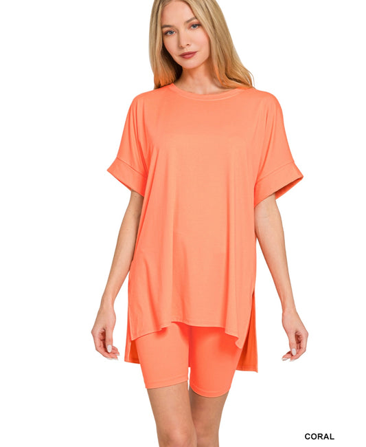 Zenana Brushed Microfiber Round-Neck Top & Biker Short Set