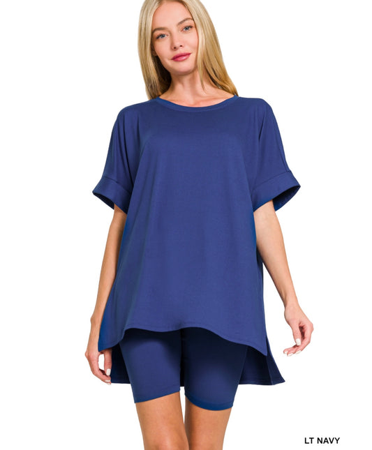 Zenana Brushed Microfiber Round-Neck Top & Biker Short Set