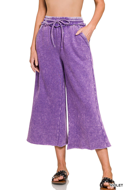 Zenana Acid Wash Fleece Palazzo Sweatpants with Pockets