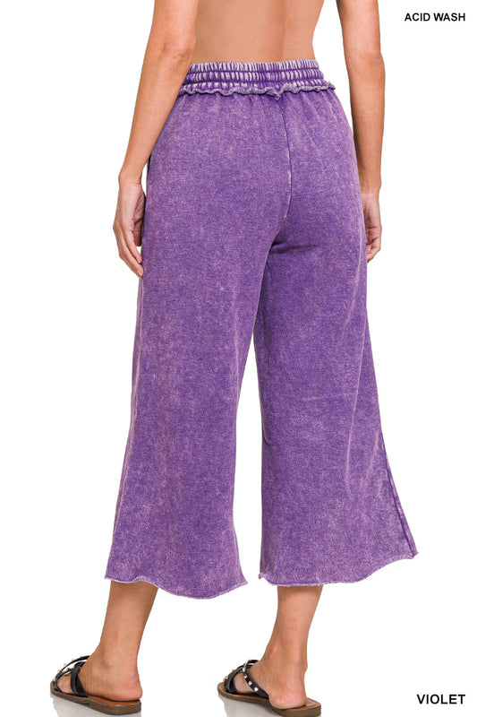 Zenana Acid Wash Fleece Palazzo Sweatpants with Pockets