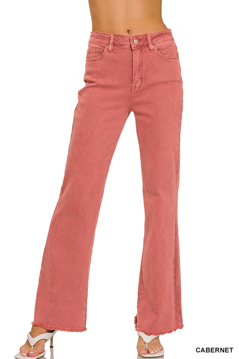 Zenana Acid Washed Frayed Hem Straight Pants