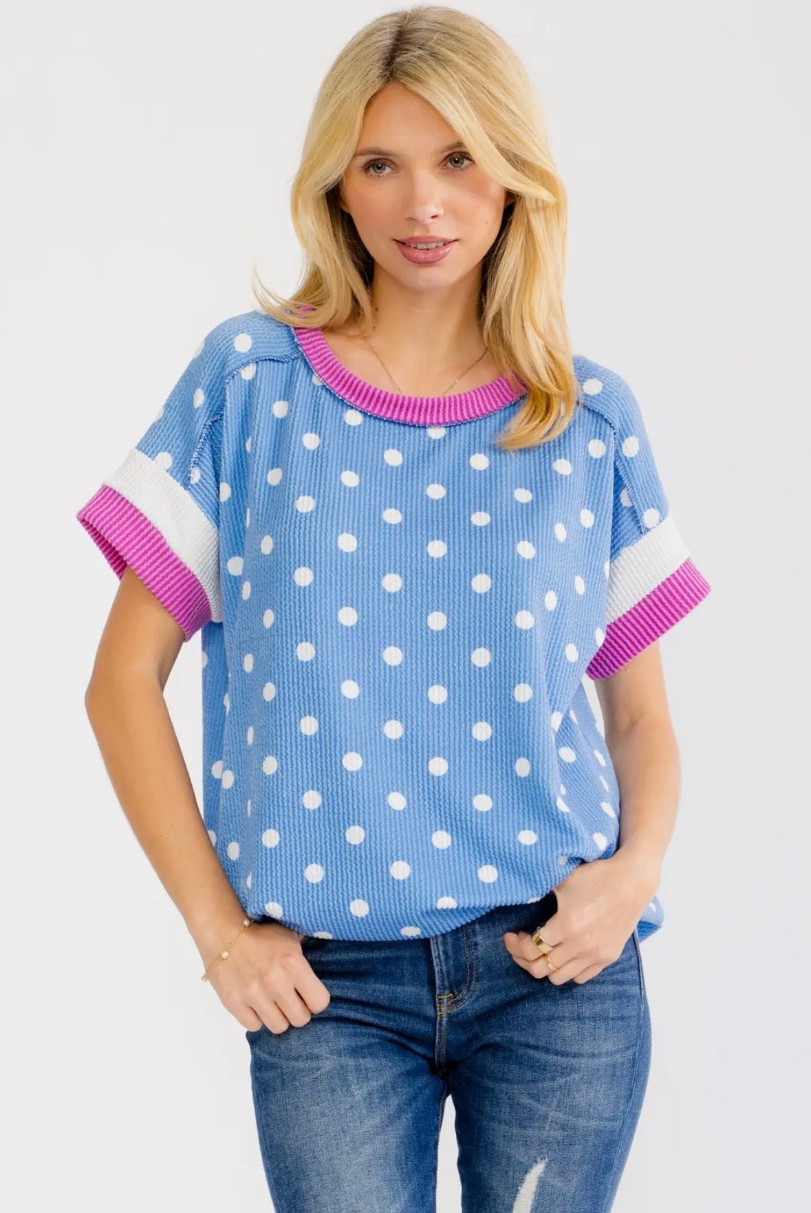 Polka Dot Contrast Trim Ribbed Top
