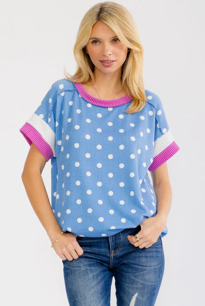 Polka Dot Contrast Trim Ribbed Top