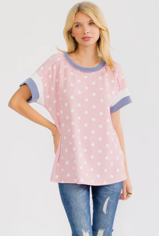 Polka Dot Contrast Trim Ribbed Top
