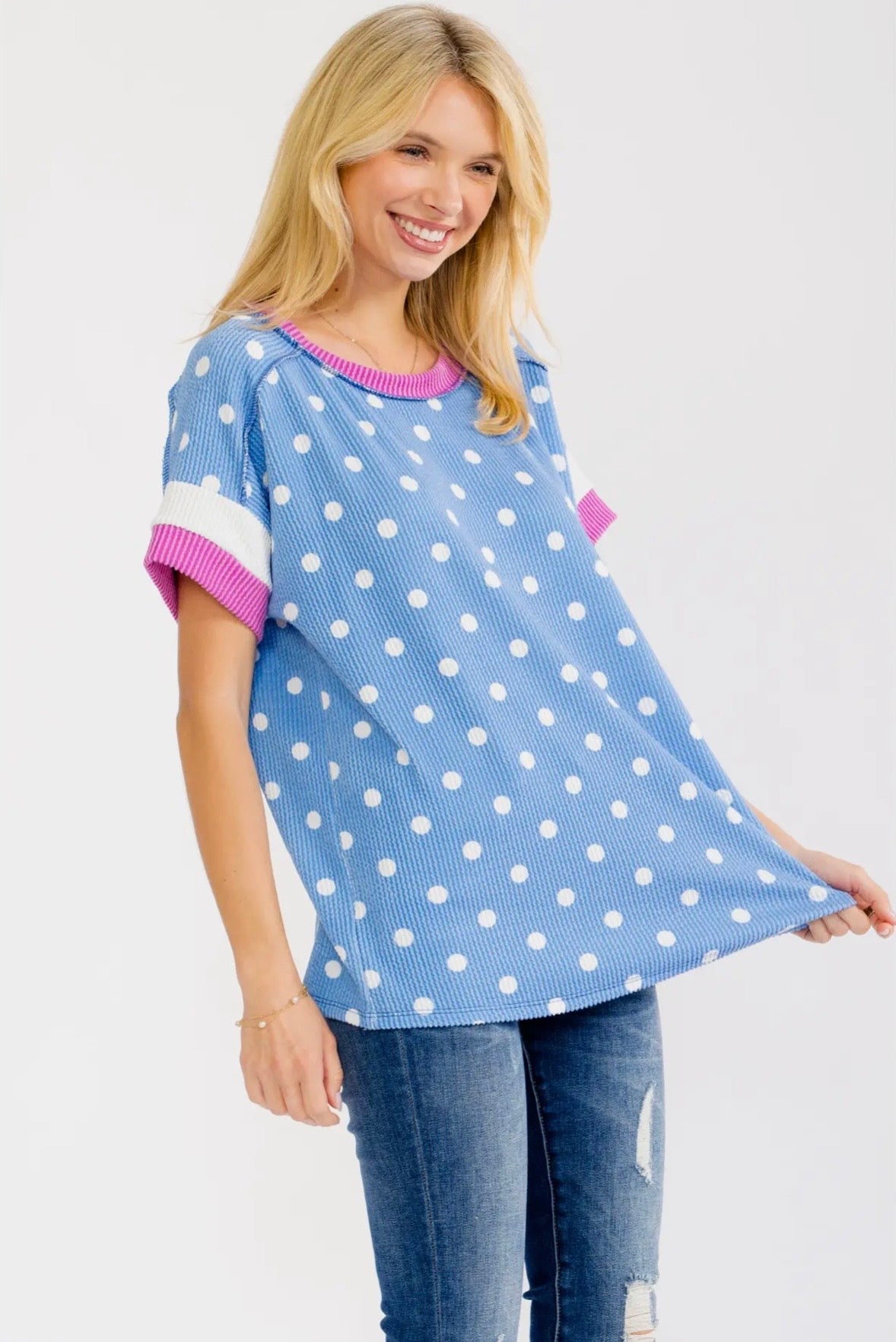 Polka Dot Contrast Trim Ribbed Top