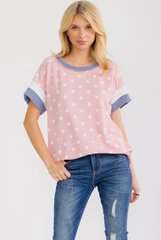 Polka Dot Contrast Trim Ribbed Top